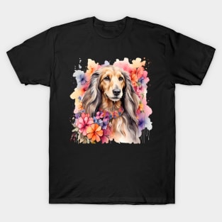 An afghan hound decorated with beautiful watercolor flowers T-Shirt